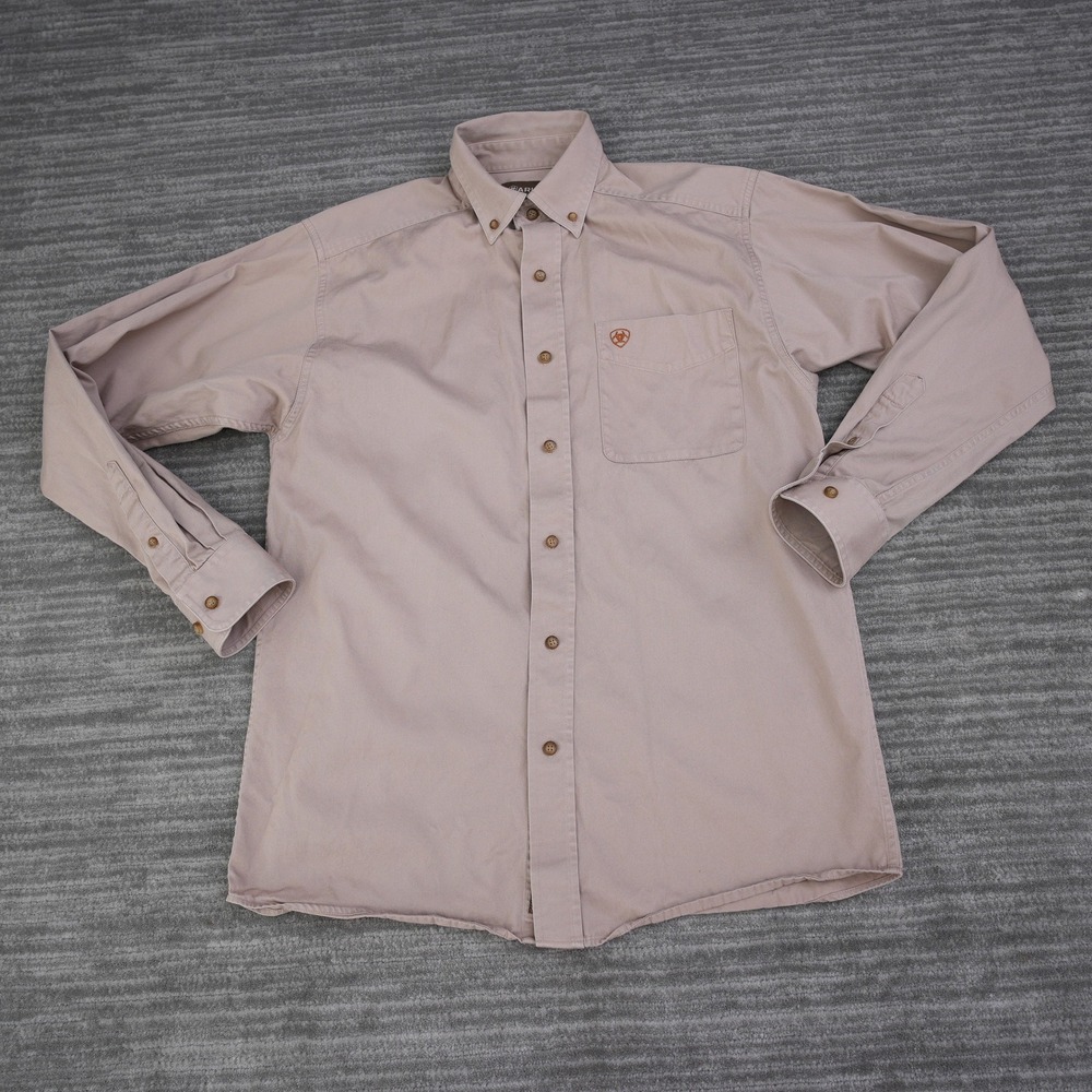 Ariat Shirt Men Small Tan Long Sleeve Button Down Twill Western Khaki Logo S - Picture 2 of 14